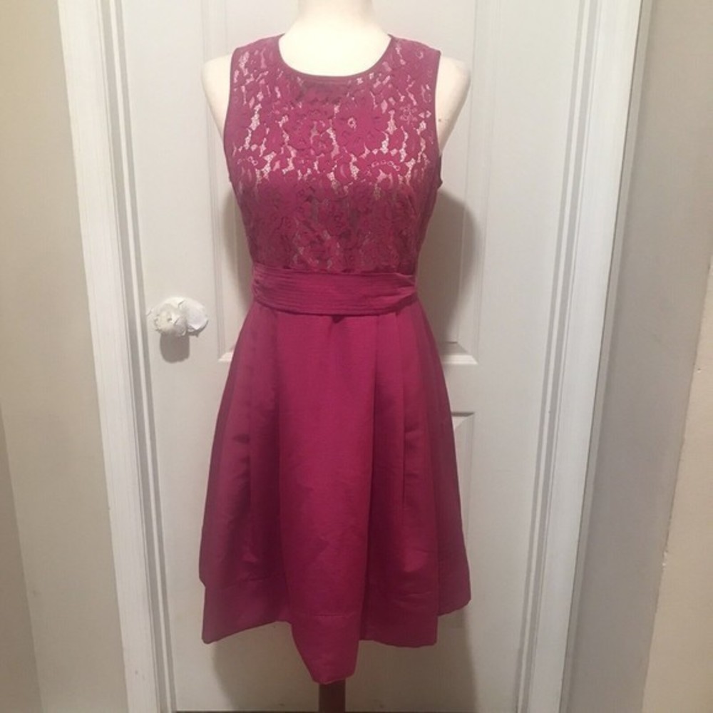 Eliza J‎ Size 4 Fit & Flare Dress Pink Lace Top Belted Waist Barbie Pink Pockets